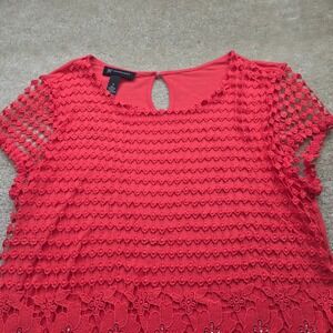 INC International Concepts Coral Red Floral Lace Rhinestone Top Medium